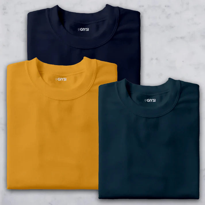 Shift & Stitch's Premium T-Shirt Combo – Navy Blue, Mustard Yellow & Teal Green