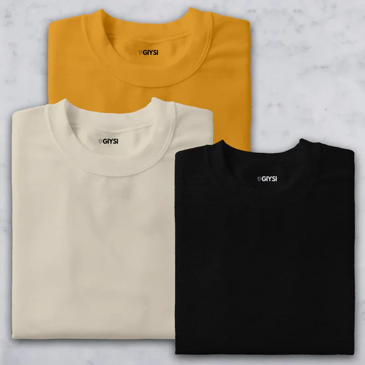 Shift & Stitch's Premium T-Shirt Combo – Mustard Yellow, Cream & Black
