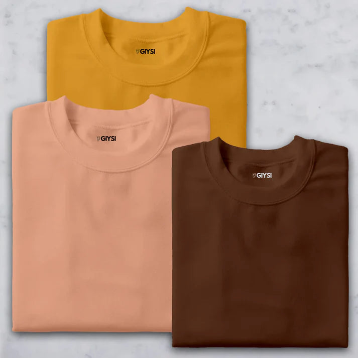 Shift & Stitch's Premium T-Shirt Combo – Mustard Yellow, Peach & Coffee Brown
