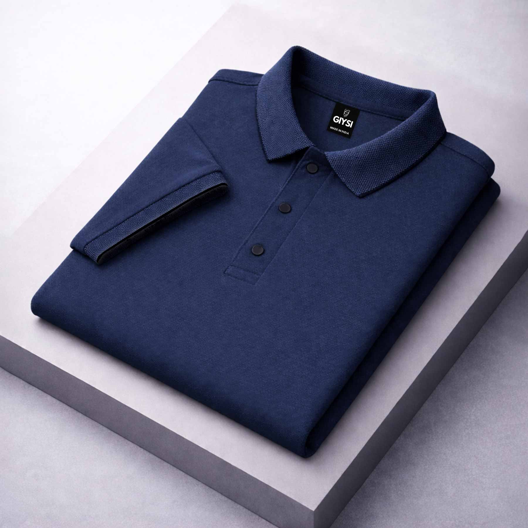 Cross Knit Navy Blue Polo T-shirt